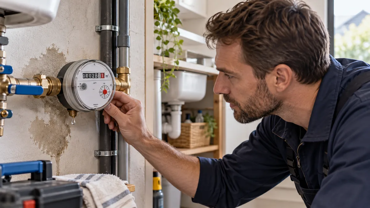 Plombier inspectant un compteur d'eau qui fuit sur un mur humide, dans un local technique à Bondoufle