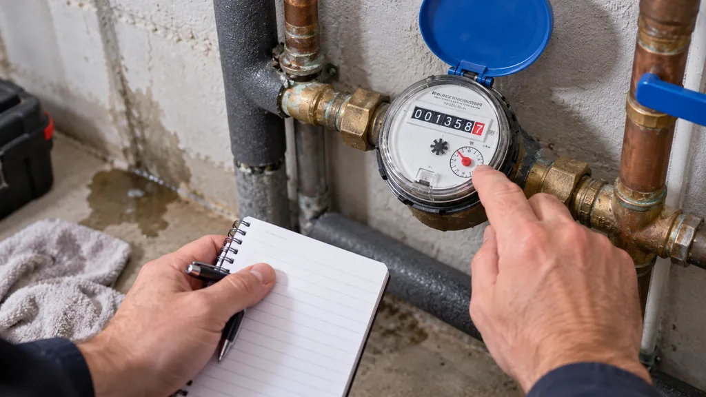Relevé d’un compteur d’eau au carnet, près de canalisations en cuivre et d’une flaque au sol, dans un pavillon de Bondoufle